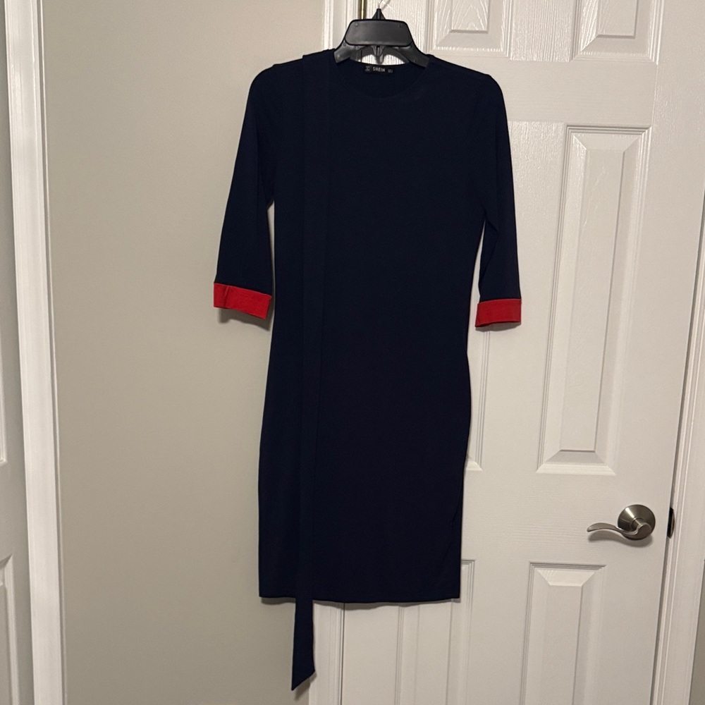 Navy Blue Knit Dress with Red Cuff Detail